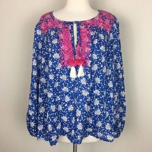 J Crew Blue Floral Pink Embroidered Popover Top XL